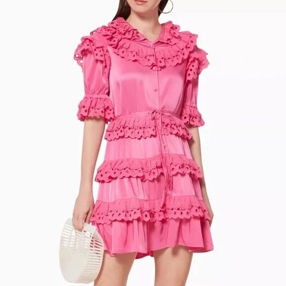 CeliaB Hot Pink Eyelet Ruffle Mini Dress Size Medium - Picture 1 of 12